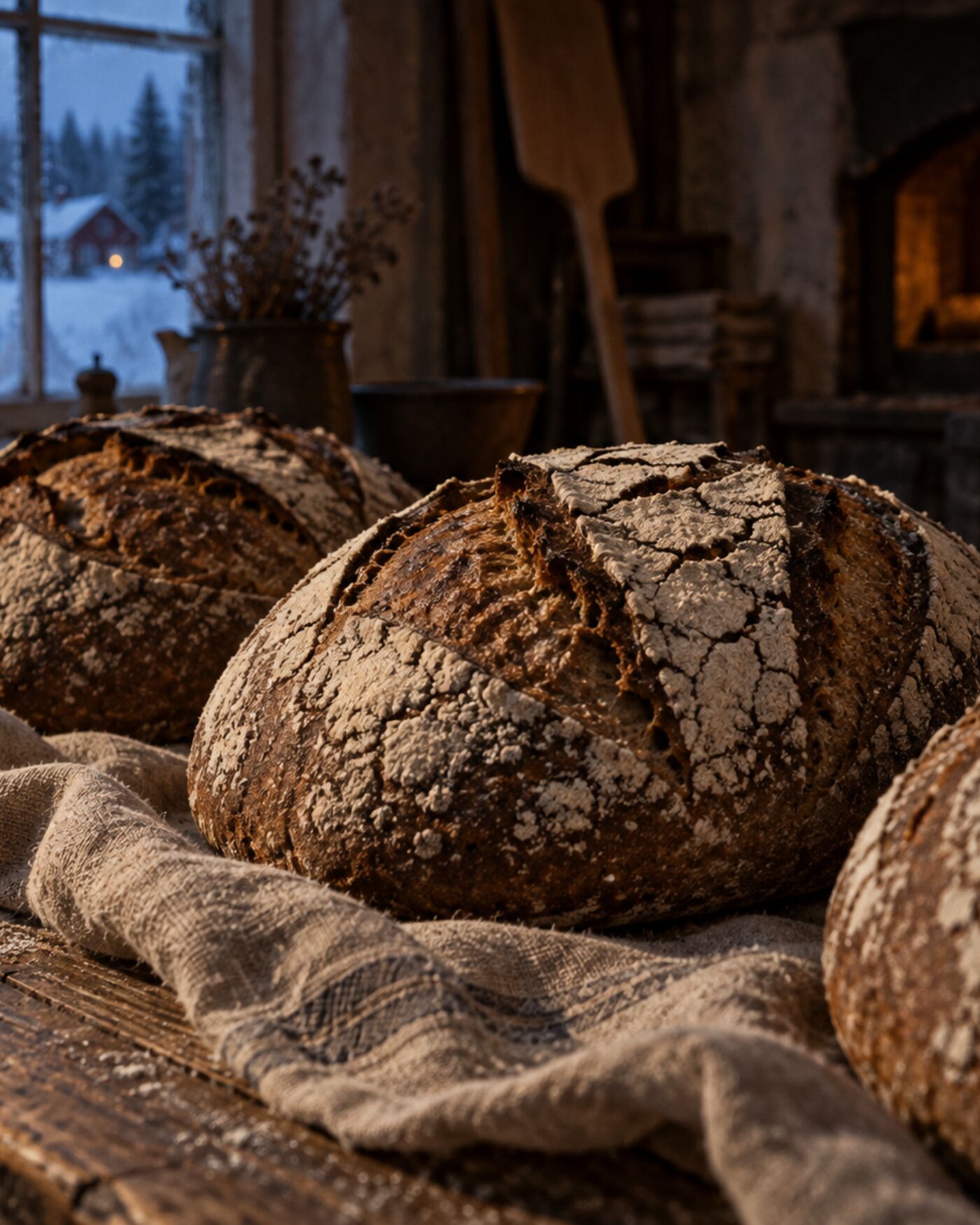 Surdegsbröd med mjölig skorpa på linneduk, snett sidoljus från ett fönster.