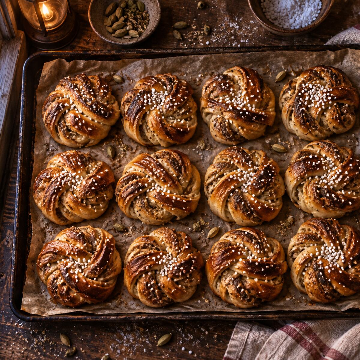 Kardemummabullar ovanifrån på bakplåtspapper.