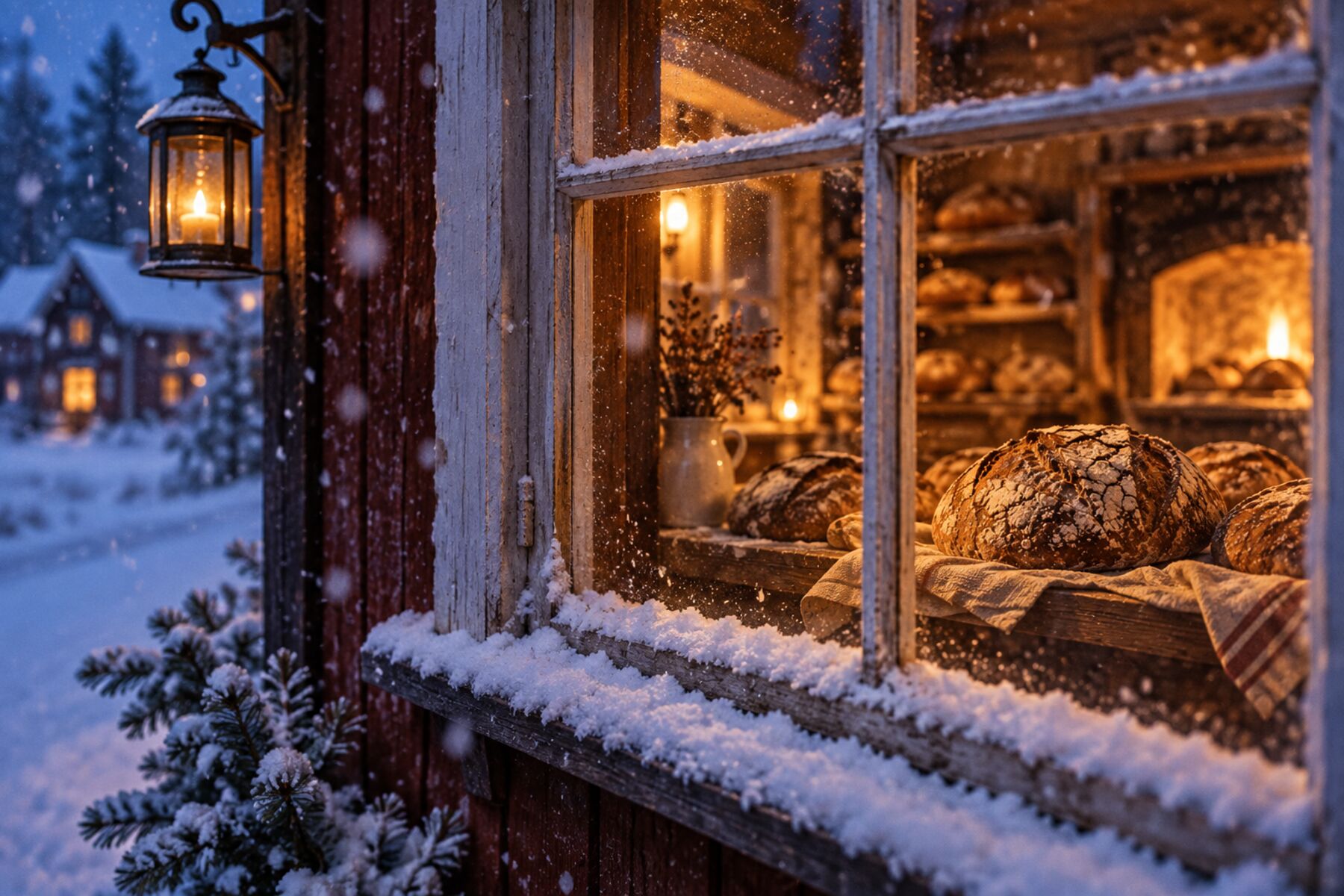 Upplyst bageriskyltfönster en blå vintermorgon, snö på fönsterblecket, ingen skylt i bild.