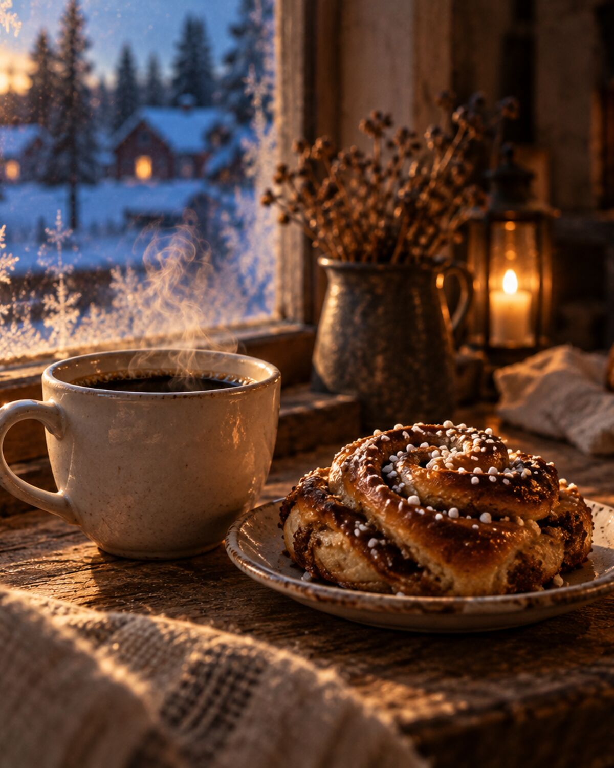 Kaffekopp och en bulle på ett fönsterbord, frost på rutan.