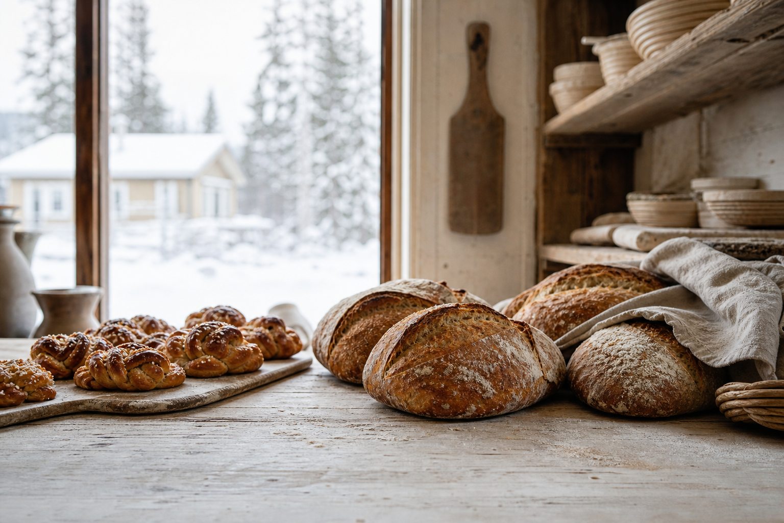 Illustrationsbild av bröd och bullar i ett vinterbageri