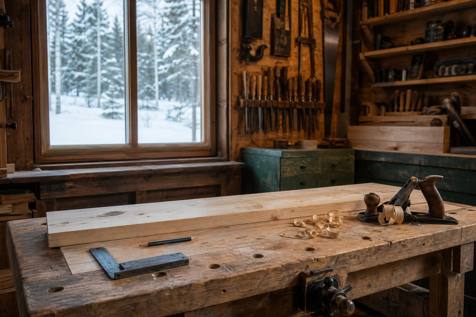 Illustrationsbild av en snickeriverkstad i vinterljus